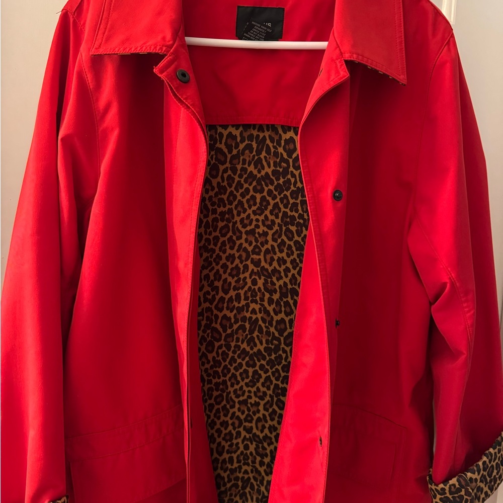 Dennis Basso Vibrant Red Trench Coat with Animal Print Lining